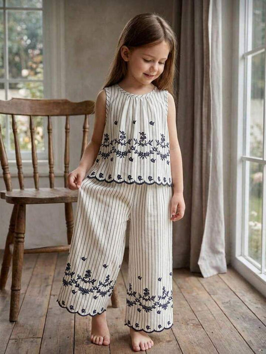 Girl Floral Striped Top And Wide Leg Pants Set