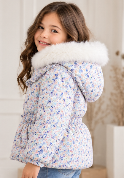 Floral Jacket with Bunny-Ear Fur Hood - Kids Story 8800