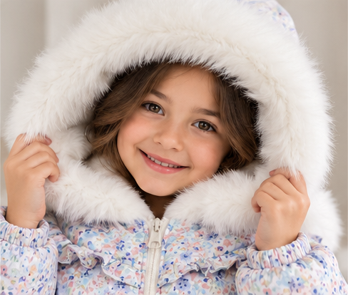 Floral Jacket with Bunny-Ear Fur Hood - Kids Story 8800