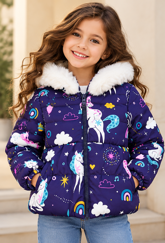 Navy Unicorn Jacket with Fur Hood - Kids Story 8003