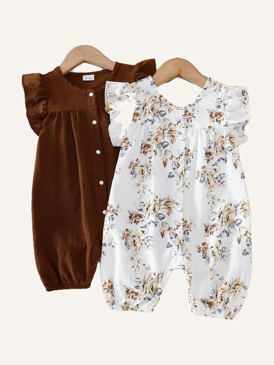 2pcs Baby Girls' Solid Color Vintage Floral Print Ruffle Sleeve Romper