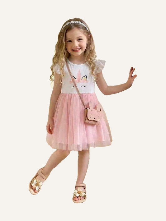 Girl Ruffle Unicorn Print Mesh Dress