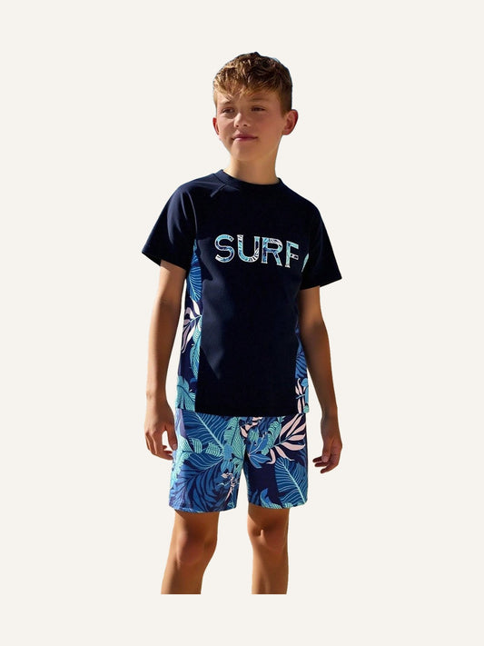 Tween Boys' Swimsuit, Top With Placement Print, Bottom With Random Print