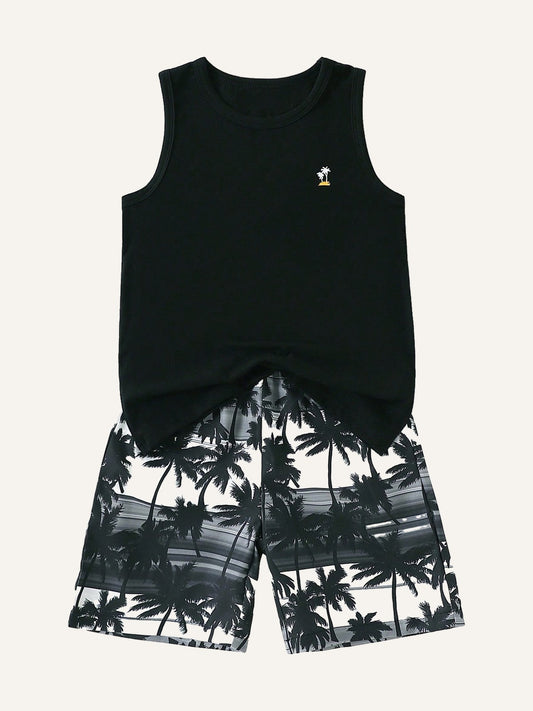 2pcs/Set Casual Boys' Tree Print Sleeveless T-Shirt And Elastic Waist Hawaii Shorts