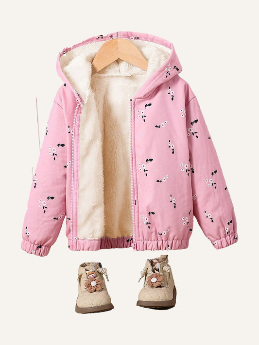 Young Girl Floral Printed Hooded Jacket For Winter