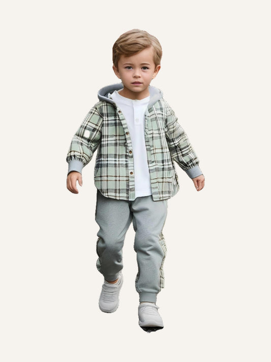 2pcs Young Boy Plaid Hooded Shacket And Sports Pants Set, Spring Autumn Toddler Plaidboys Plaid Jacket