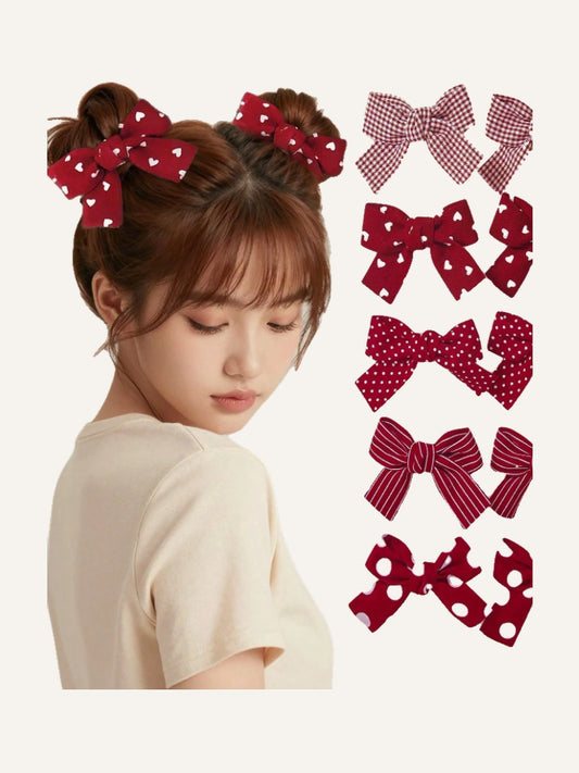5pcs/Set Girls' Red Plaid, Heart, Polka Dot Print Fabric Bow Cute Hair Clips, Hair Accessories For Daily Use
