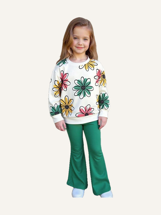 2pcs Young Girls Colorful Floral Print Sweatshirt Top And Green Rib Knit Pants Casual Set, Fashionable For Autumn And Winter
