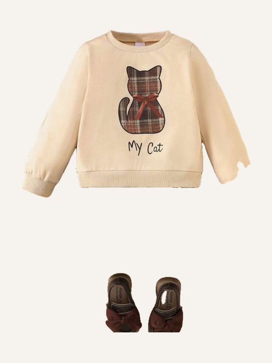 1pc Young Girl Casual "My Cat" Letter Bow Cat Graphic Soft Knit Long Sleeve Sweatshirt Plaid Dress, Autumn/Winter