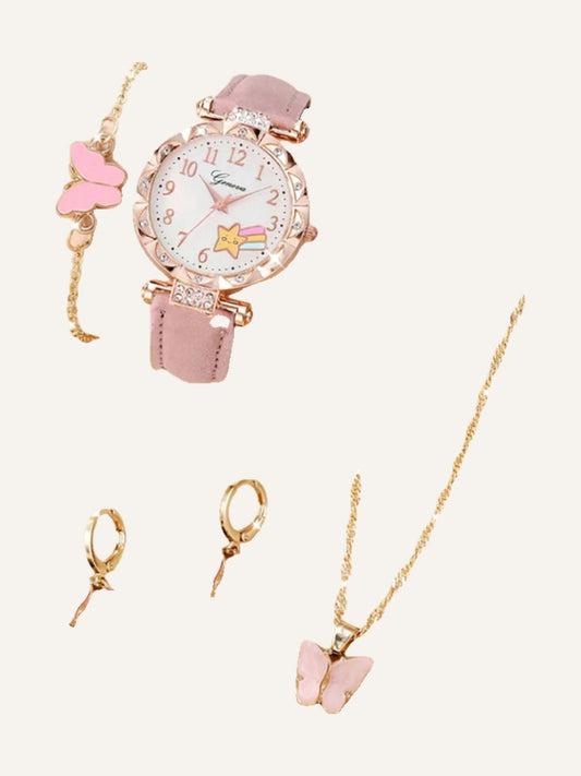 5pcs Pink Star Design Children Quartz Watch With Butterfly Necklace, Bracelet And Earrings Set