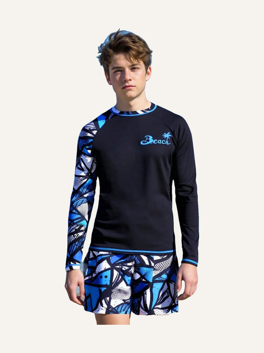 Teen Boys Fashion Print Rash Guard, Long Sleeve Surfing Swimsuit