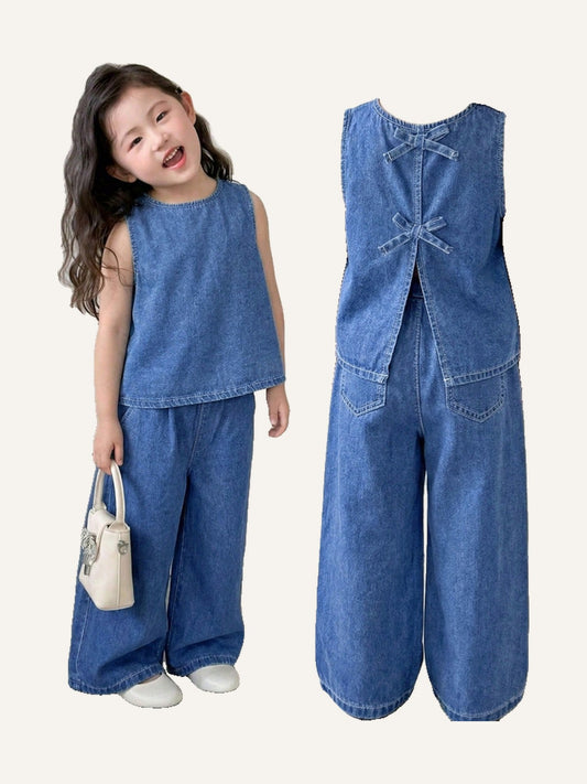 Girl Denim Camisole And Wide Leg Jeans Set