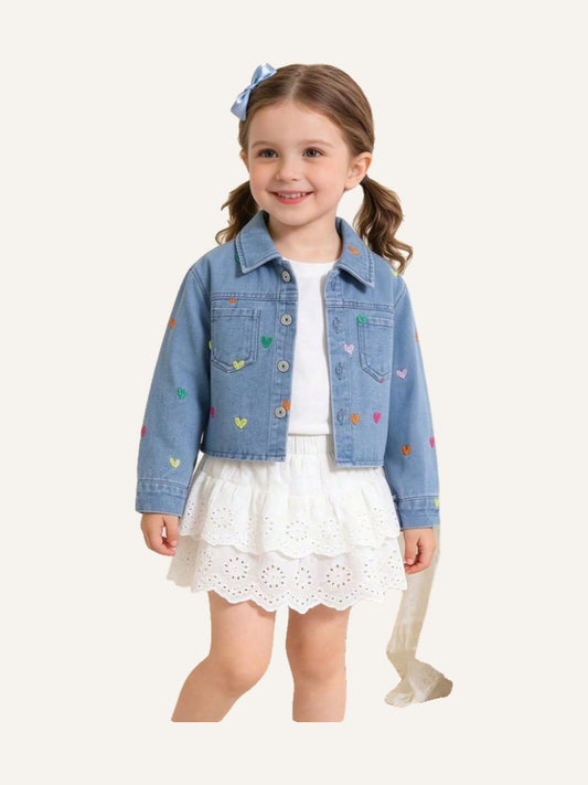 Girls Denim Jacket, Asymmetrical Colorful Heart Embroidery