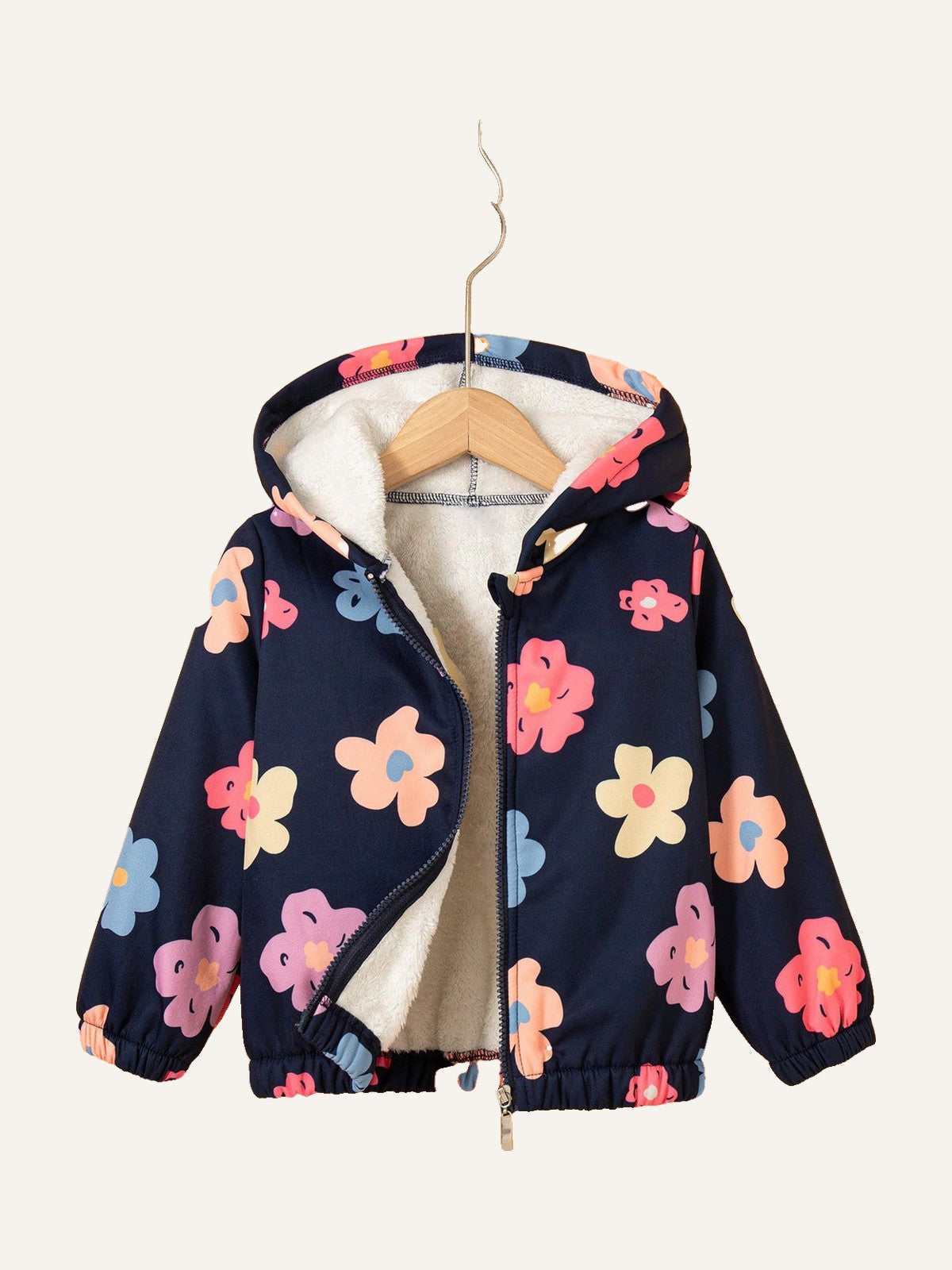 Young Girl Casual Floral Print Zip-Up Hooded Fleece Jacket, Outdoor Fashion, Autumn/Winter