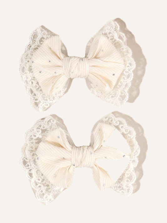 2pcs Beige Girls Hair Clips, Solid Color Corduroy Lace Bow With Rhinestones Elegant Hair Clips, Suitable For Daily And Party, Children Hair Accessories