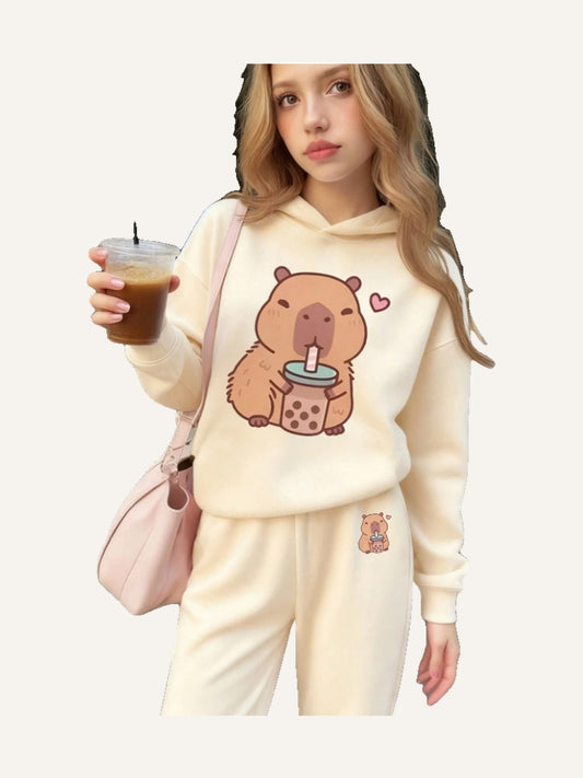 2pcs/Set Girls Cute Guinea Pig Print Thermal Lined Hoodie Sweatshirt & Pants Set