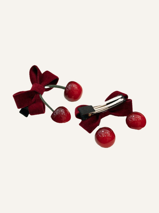 2pcs Vintage Velvet Bow Cherry Hair Clips For Girls, Cute Side Clips For Braiding Hair