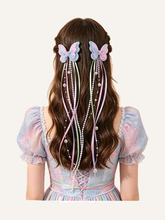 2pcs Butterfly Shaped Hair Clips, Ombre Glitter Alligator Clips, Elegant Long Ribbon/Beaded Chain Hair Clips, Butterfly Hair Pins, Delicate Gift Hair Accessories, Suitable For Teenagers