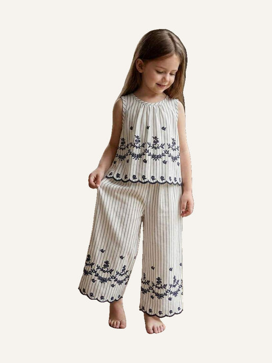 Girl Floral Striped Top And Wide Leg Pants Set