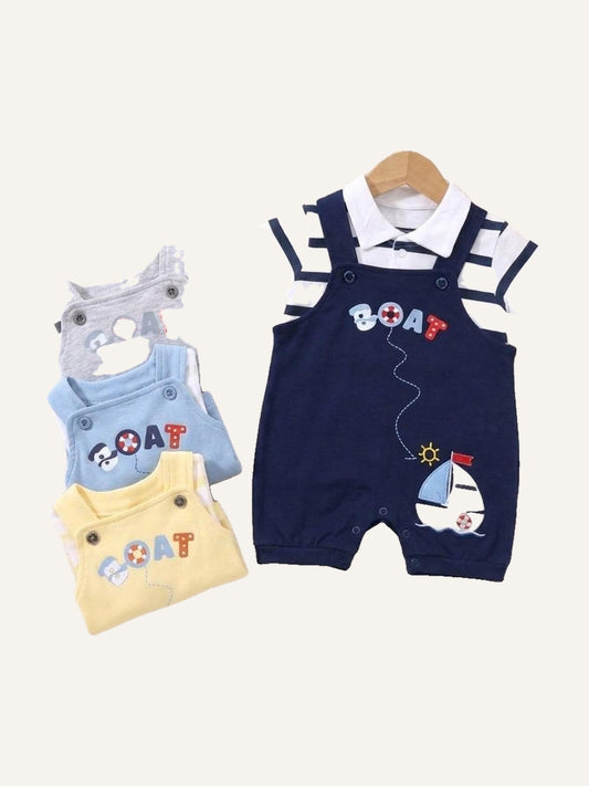 Stylish baby boy romper featuring a striped polo shirt design