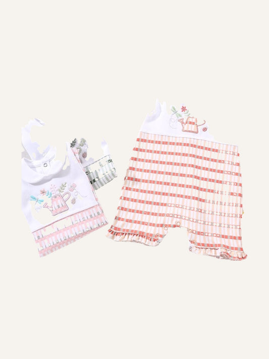 Adorable baby girl sleeveless romper with embroidered floral watering can design