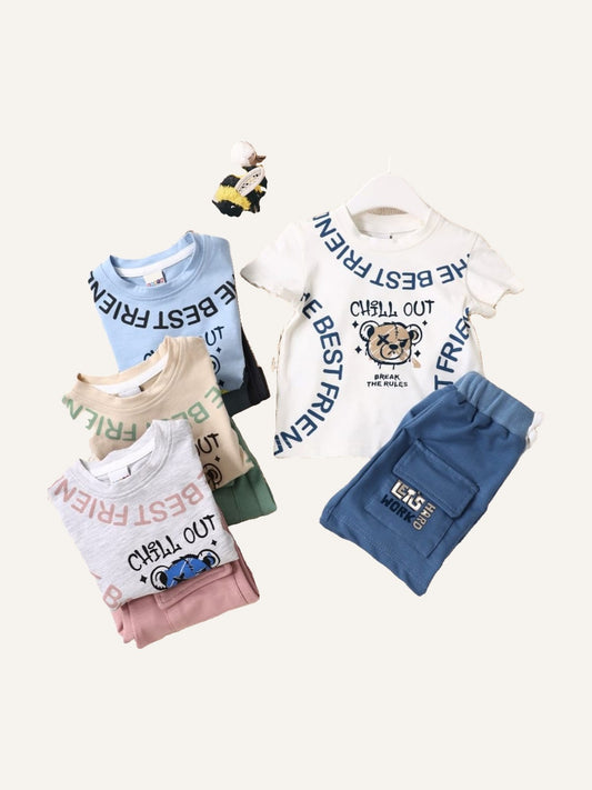 Trendy boys’ 2-piece outfit featuring a soft graphic T-shirt and blue cargo sh